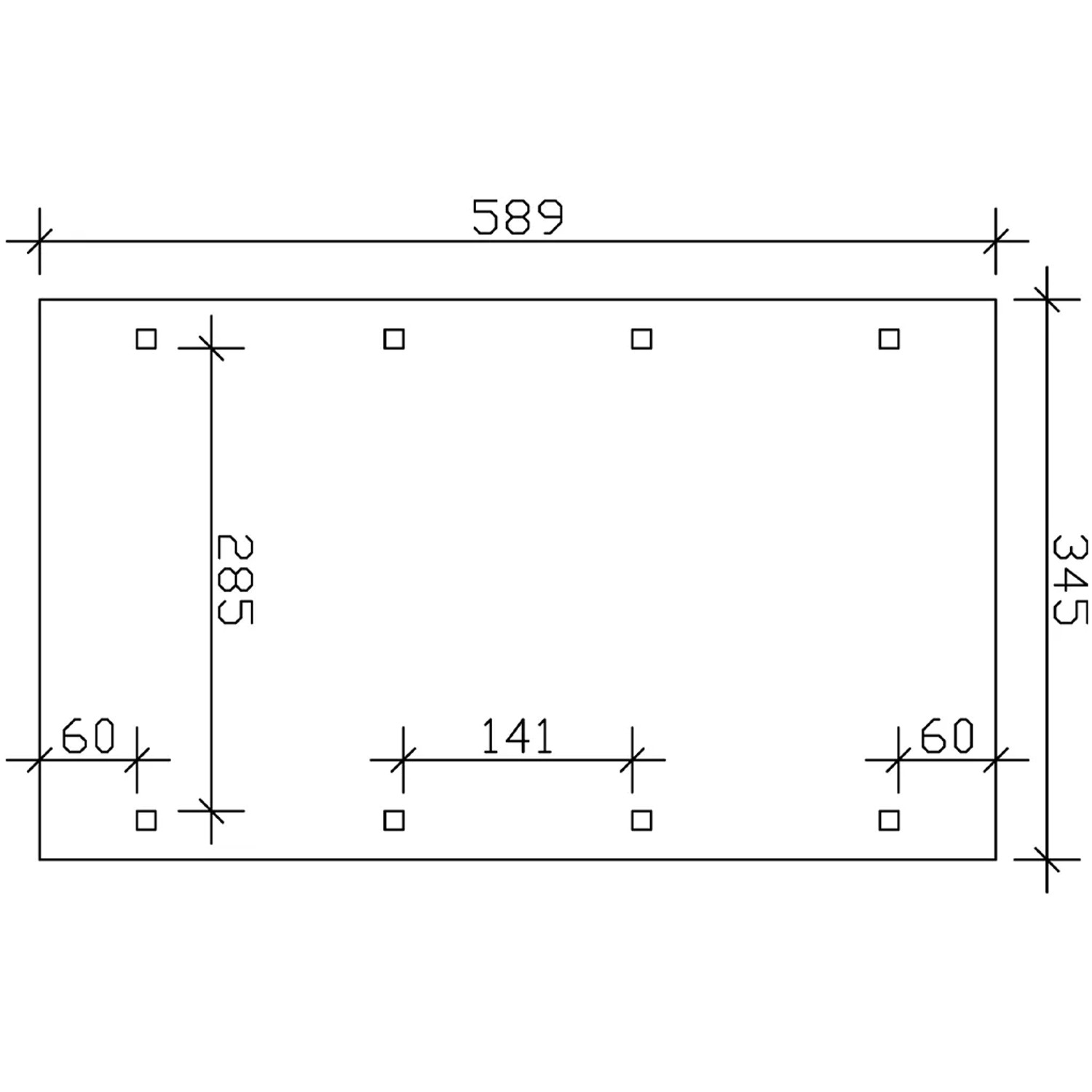 Maße des Skan Holz Einzelcarports Nussbaum: 345x589 cm, Pfostenanordnung mit Maßangaben.