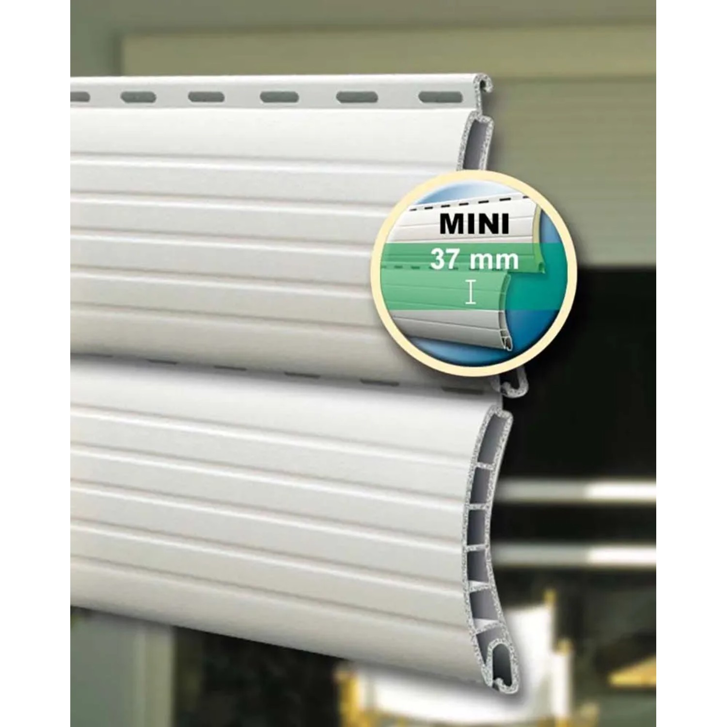 Graues Schellenberg Rollladenprofil Mini aus Kunststoff, 1,5 m lang, Detailaufnahme.