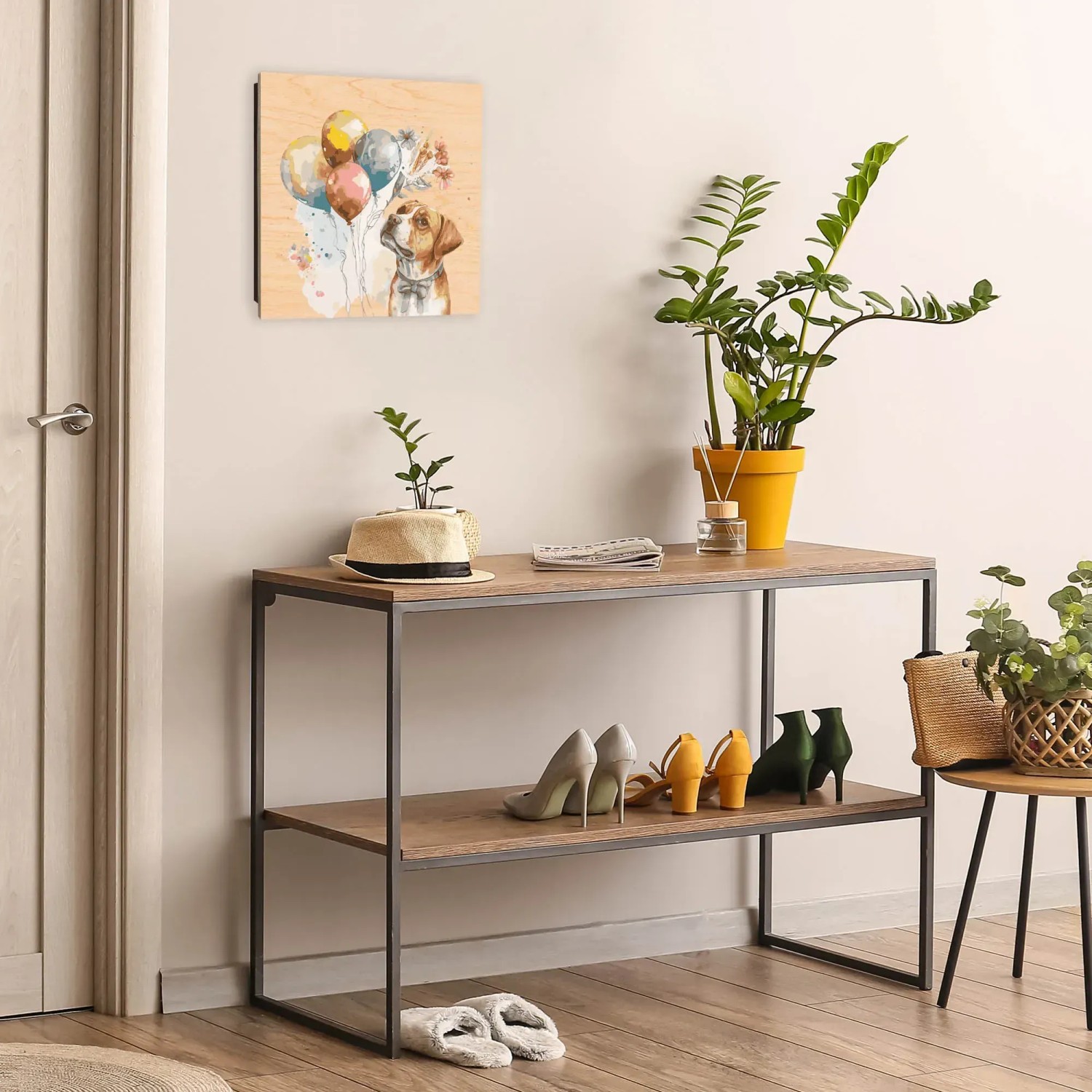 Banjado Schlüsselkasten mit Hunde Motiv und Luftballons, Holz, 30x30cm, 50 Haken, Scharnier rechts.