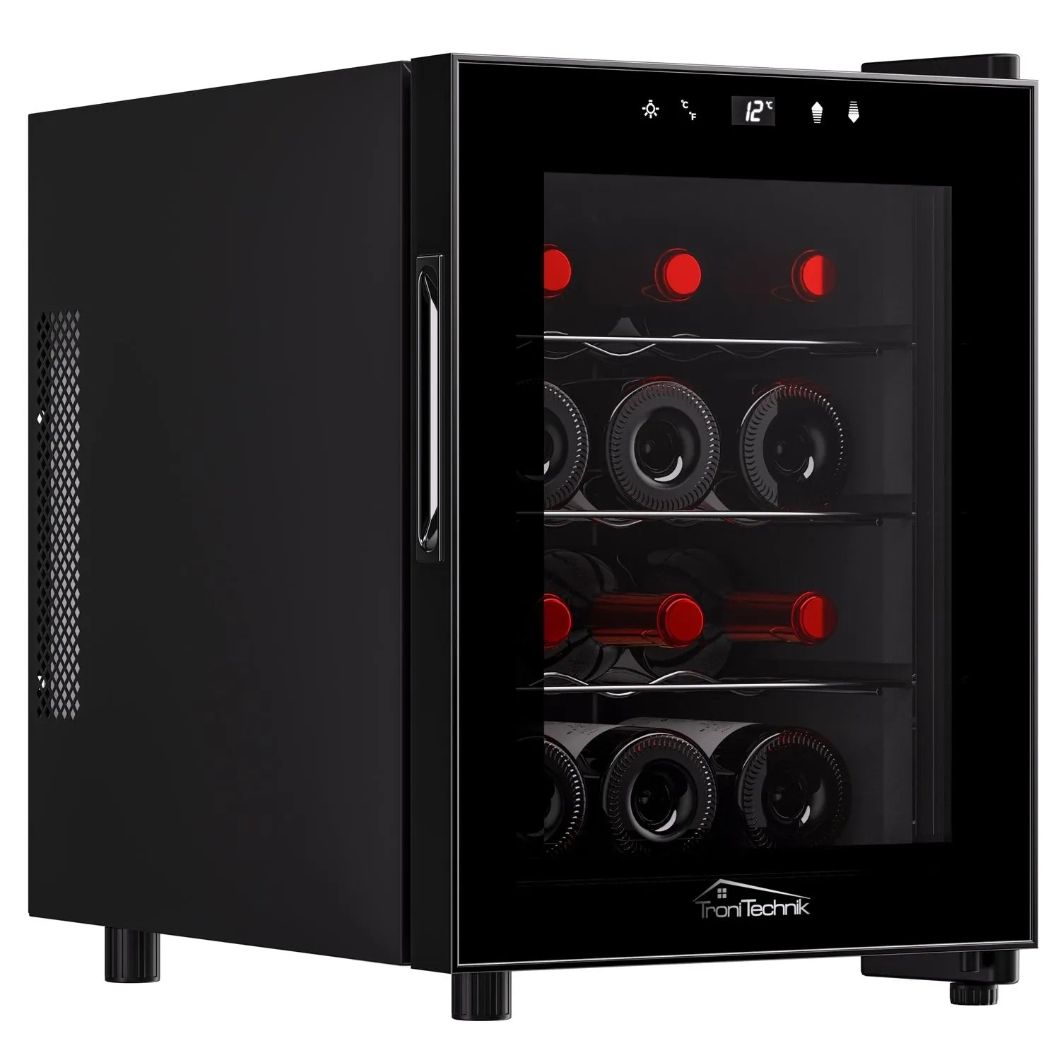 TroniTechnik Weinkühlschrank Bordeaux für 12 Flaschen, Getränkekühlschrank mit Glastür.
