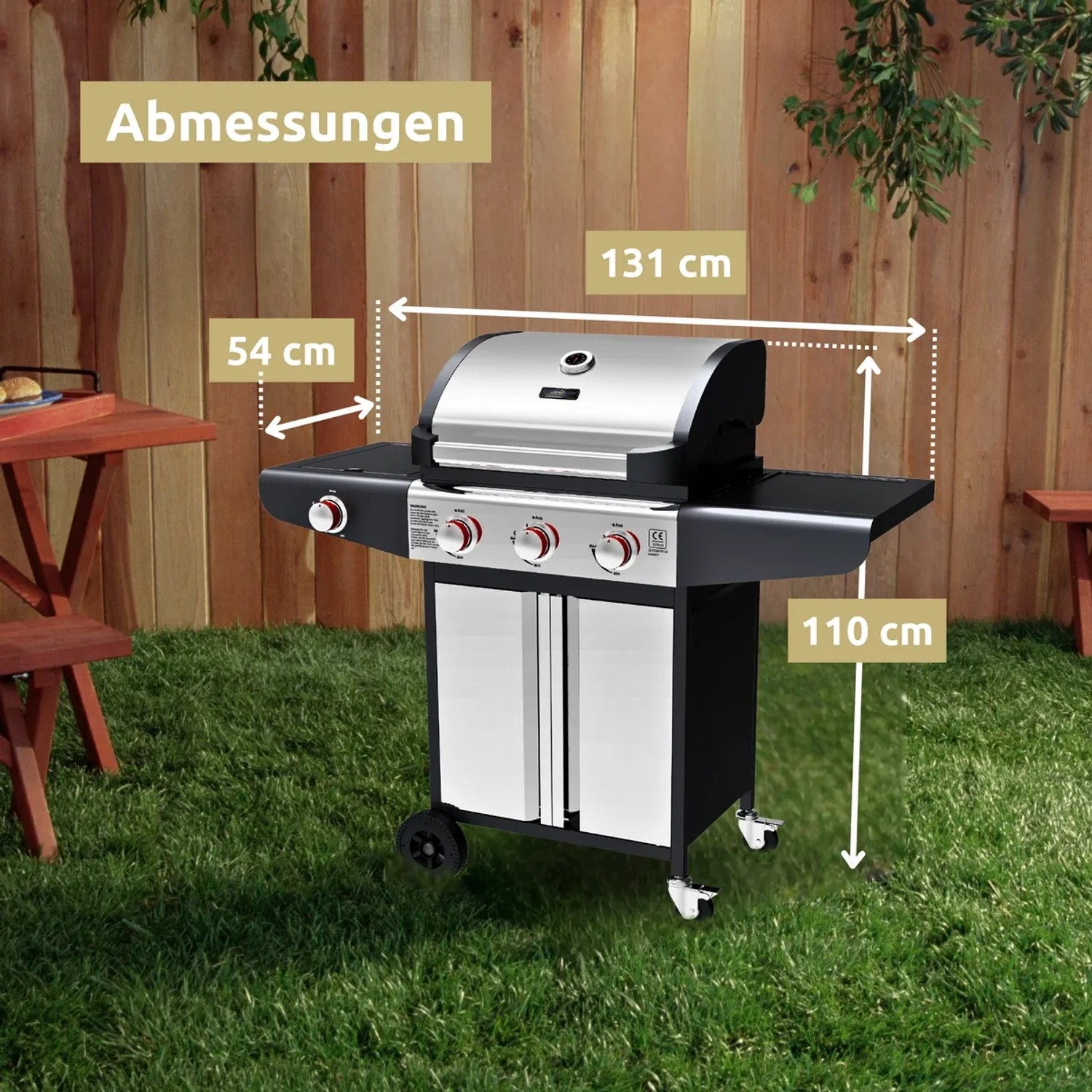 deluxe4home Gasgrillwagen mit 3+1 Brennern und Thermometer im Garten.