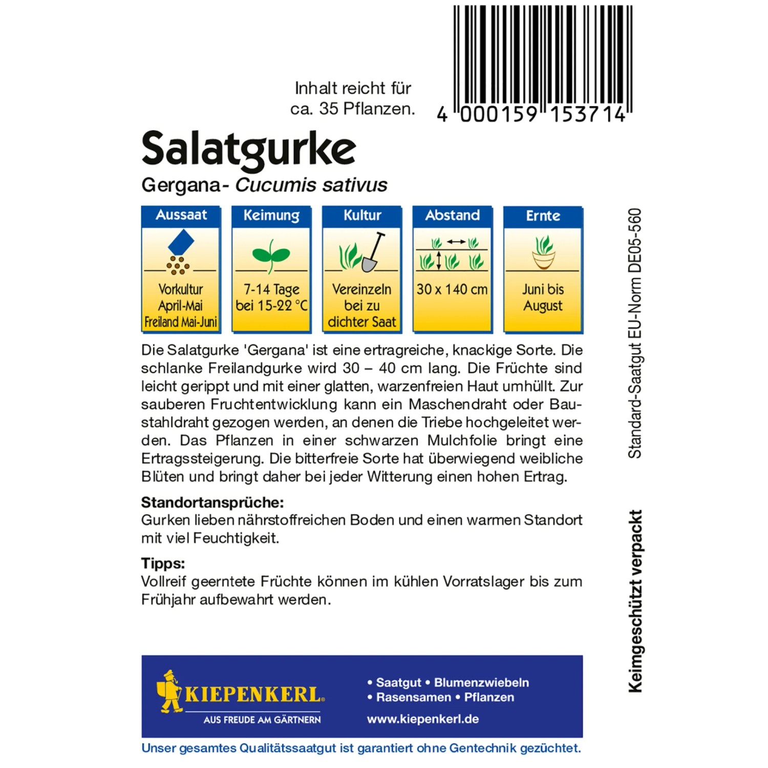 Kiepenkerl Salatgurke Gergana Samenpackung mit Aussaat-Hinweisen.