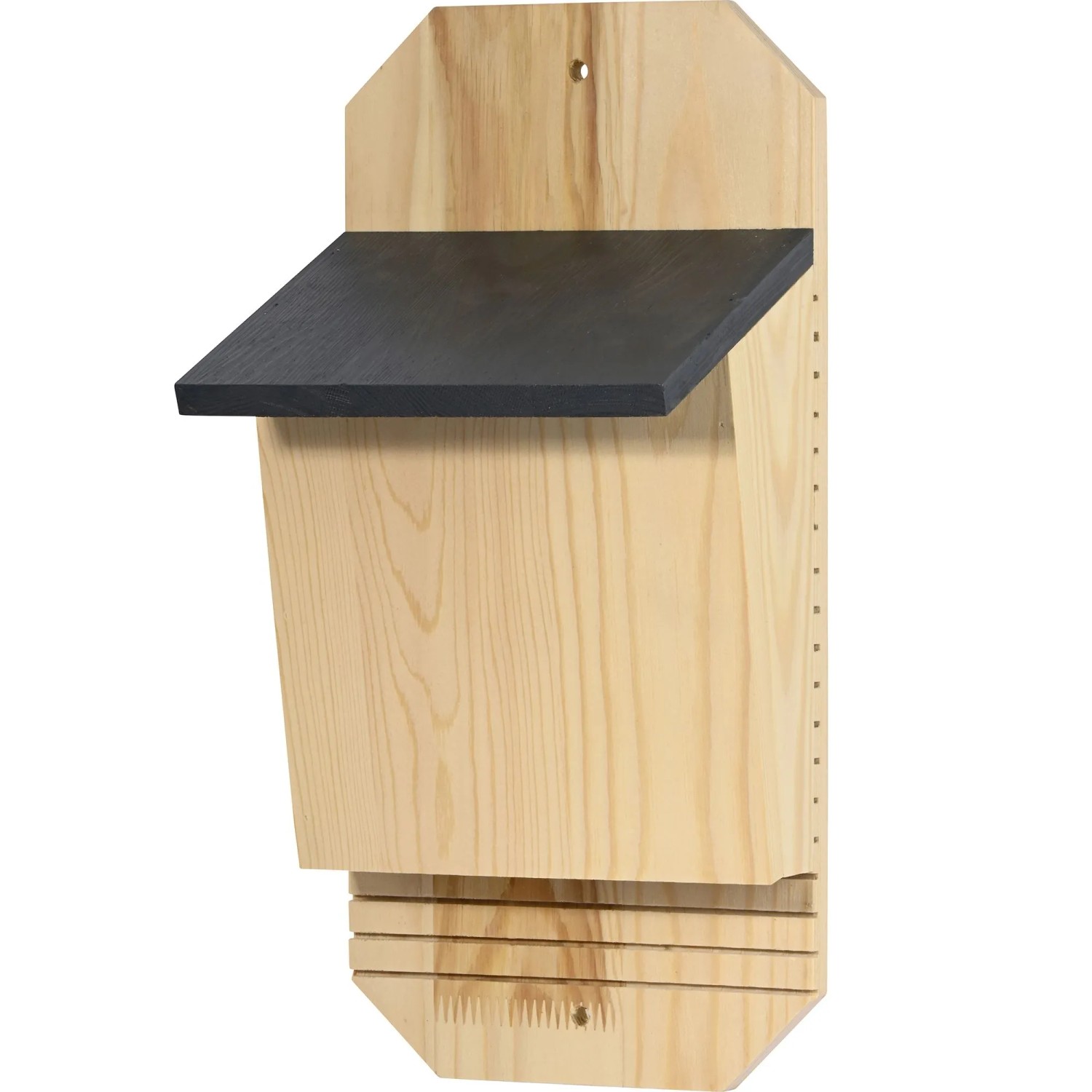 Dobar Holz-Fledermauskasten aus hellem Kiefernholz mit anthrazitfarbenem Dach und Anflughilfe für Fledermäuse.