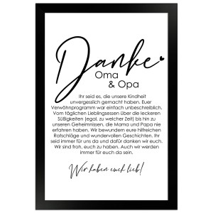 Gerahmtes Poster "Danke Oma und Opa" (20x30 cm) mit liebevollem Text als Geschenkidee.