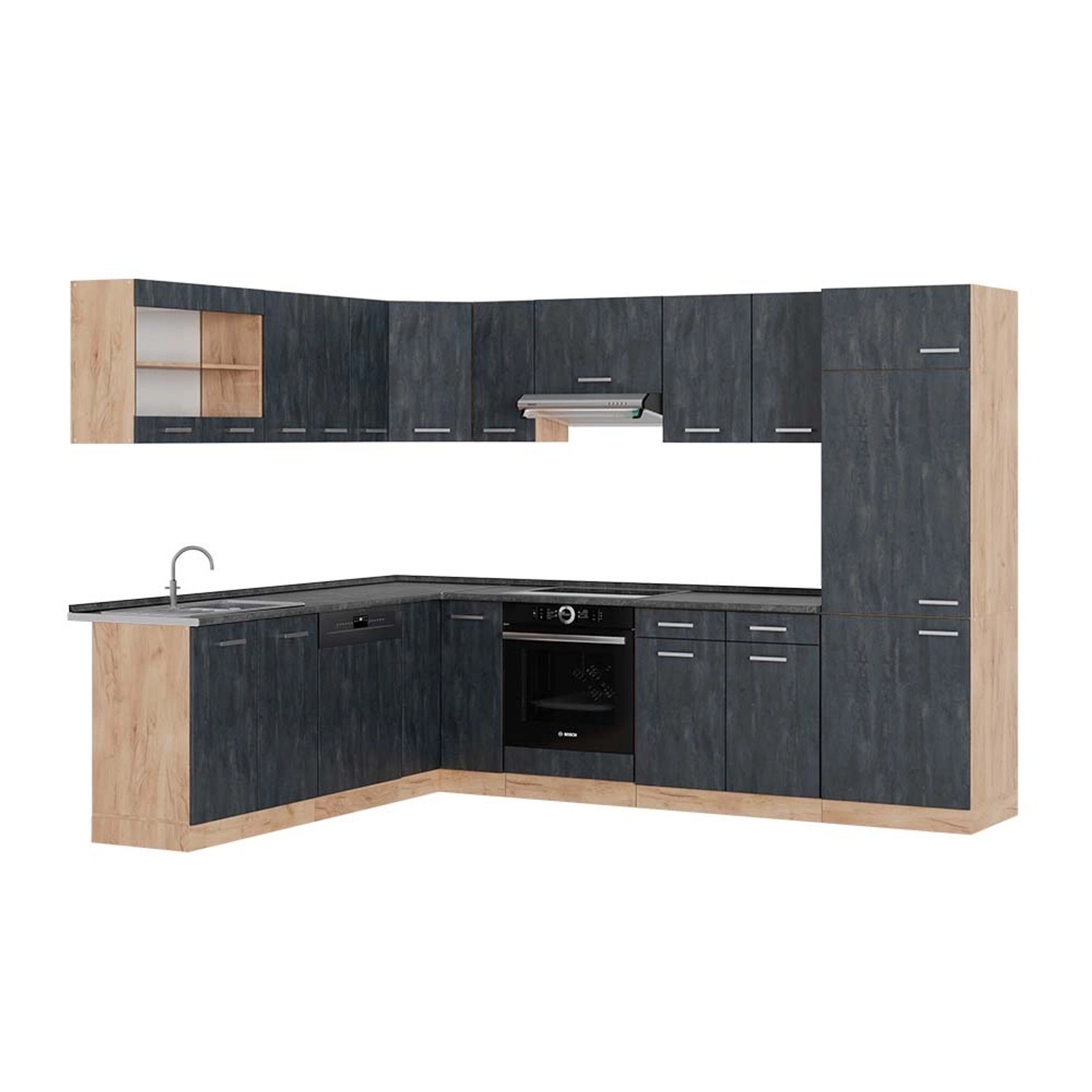 Vicco R-Line Einbauküche in L-Form Schwarz Beton/Goldkraft Eiche 227 x 287 günstig online kaufen