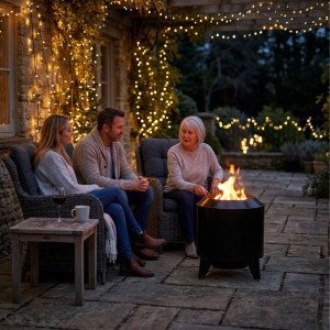 Schwarze Feuerschale aus Stahl mit loderndem Feuer auf einer Terrasse. Drei Personen sitzen gemütlich im Freien bei Lichterketten.