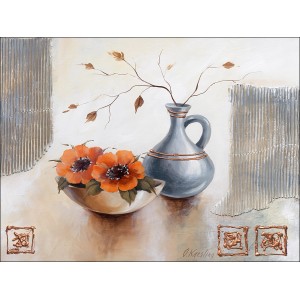 Leinwandbild Stilleben mit Kupfer, 57x77 cm, mit Blumen und Vase in Grau-, Braun- und Orangetönen.