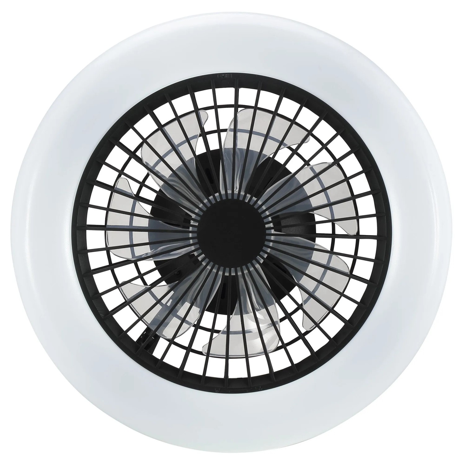 Runde, schwarze LED-Deckenleuchte Montero mit Ventilator und weißem Rahmen, Durchmesser 42 cm.
