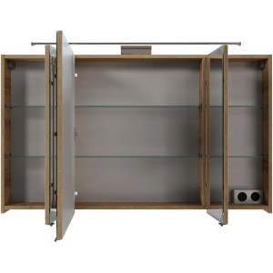 Pelipal Spiegelschrank Quantum 05, Riviera Eiche, 120 cm breit, mit drei Spiegeltüren und Aufsatzleuchte.