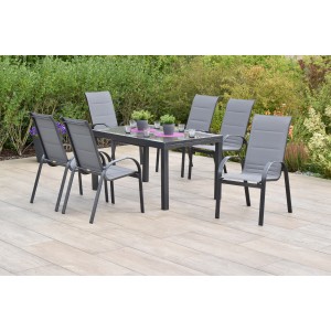 Merxx Amalfi Gartenmöbel-Set, 7-teilig, mit Ausziehtisch und 6 Stapelsesseln in Grau.