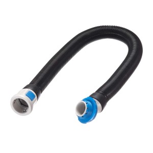 Schwarzer flexibler Dräger Atemschutzschlauch X-plore 8000 aus Kunststoff mit blauen und weißen Rd40-Anschlüssen für Halb-/Vollmasken.