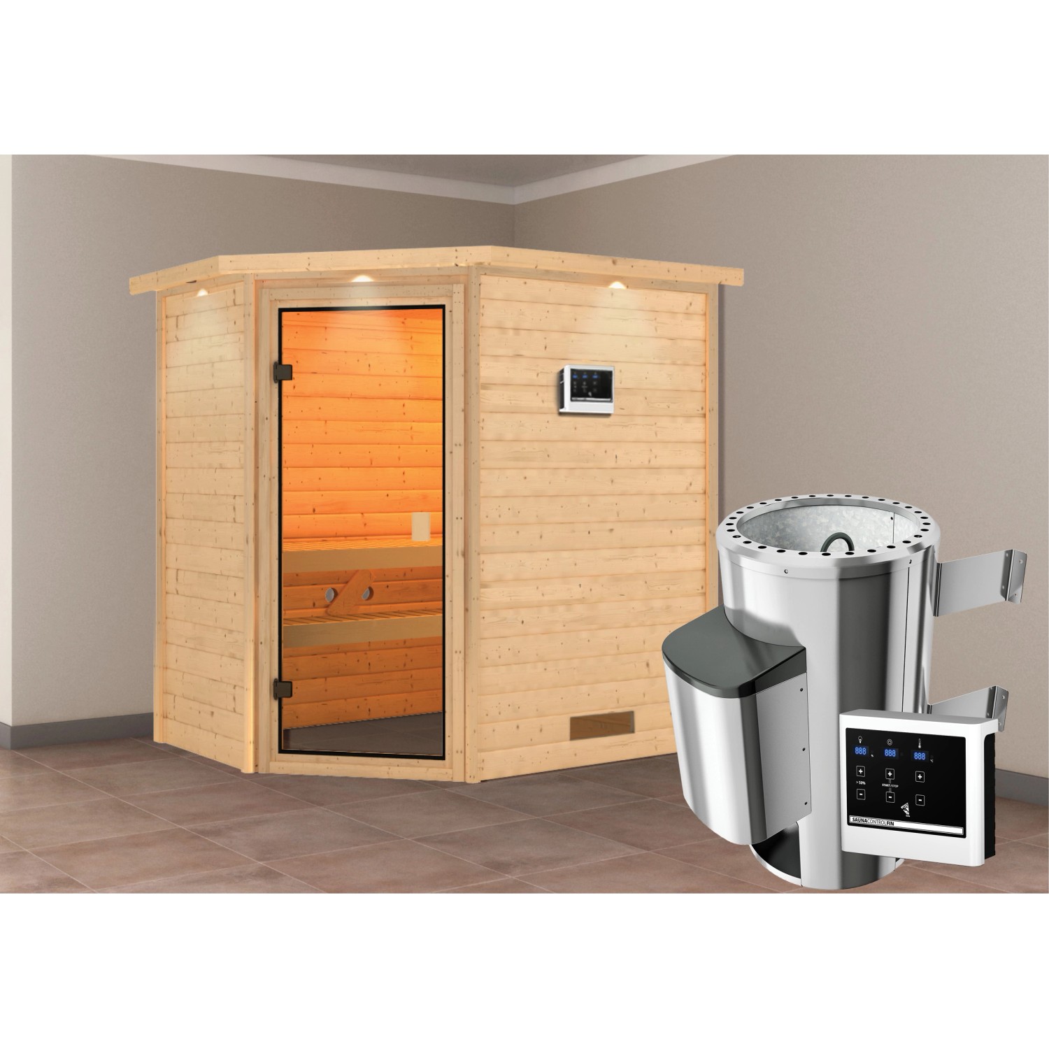 Karibu Sauna Jella mit Ofen externe Stg.LED-Dachkranz Natur günstig online kaufen