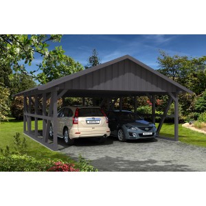 Grauer Skan Holz Carport Schwarzwald mit Dachschalung und Abstellraum für zwei Autos.