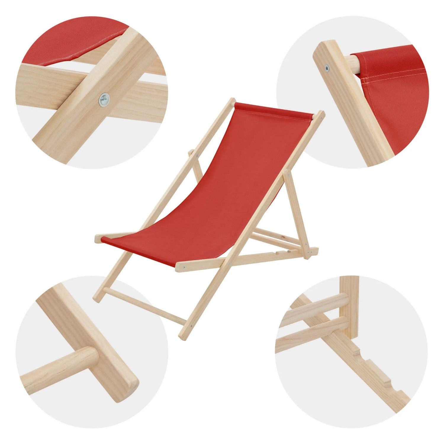 3er Set rote, klappbare Holz-Sonnenliegen. Verstellbare Gartenliegen für Balkon, Terrasse oder Strand.
