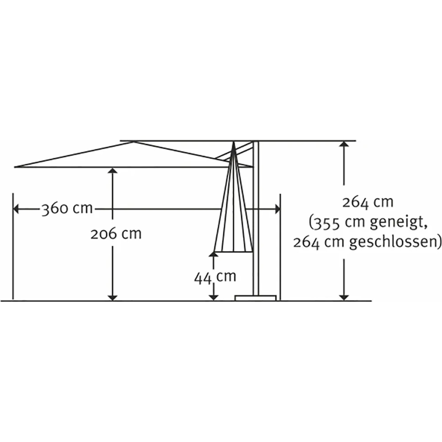 Maße des anthrazitfarbenen Schneider Ampelschirm 360x300 cm mit Dreh- und Neigefunktion.