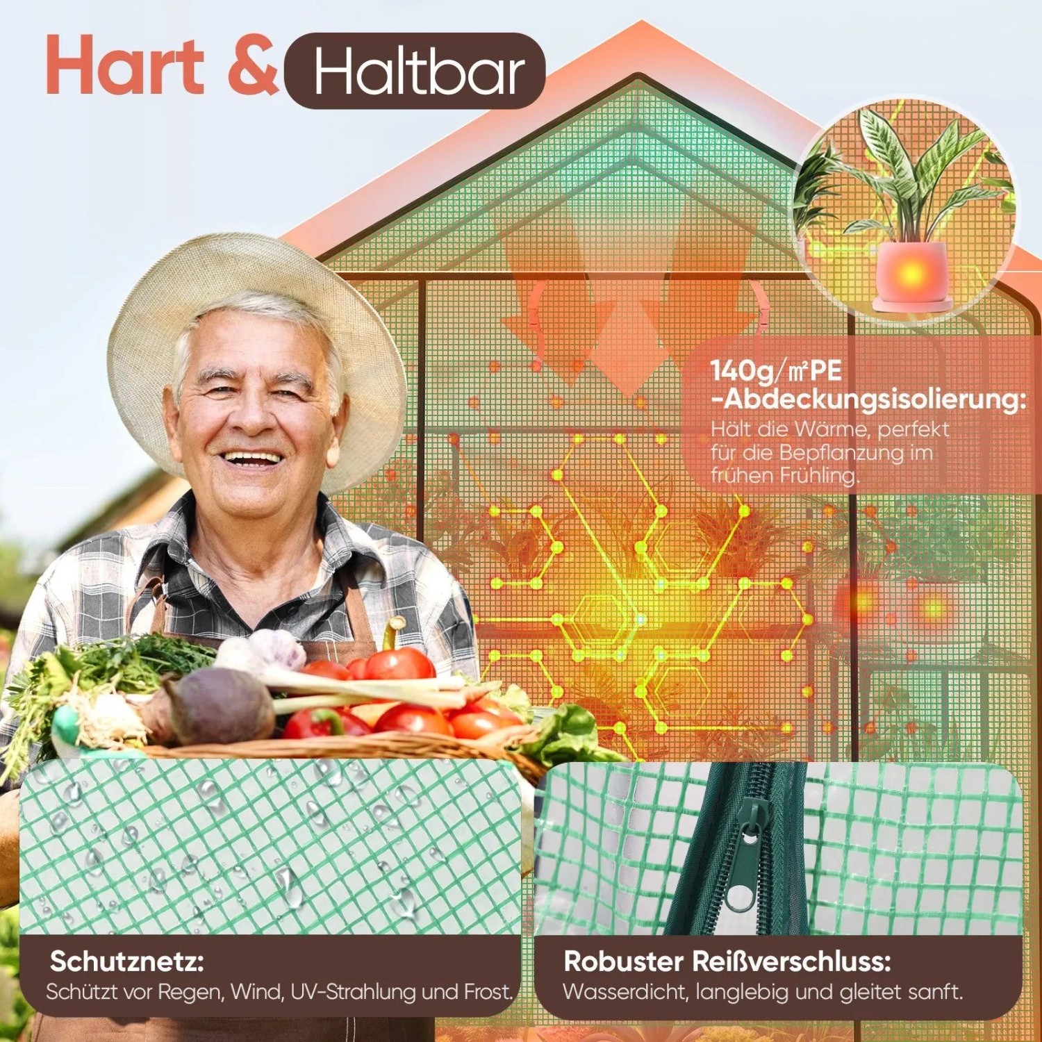 Grünes begehbares Foliengewächshaus mit PE-Abdeckung, UV-Schutz, Reißverschluss-Tür und Fenster für Gartenpflanzen.