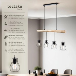 Tectake Pendelleuchte Woody, 4-flammig im Industrial Style mit Holzbalken und schwarzen Lampenschirmen.