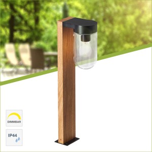 Brilliant Außensockelleuchte Cabar aus Holz und Glas, 55 cm hoch, für Garten und Terrasse.