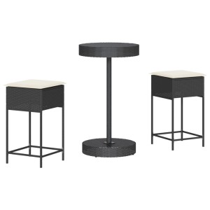 vidaXL Gartenbar-Set, 3-teilig, schwarz, Poly Rattan mit Tisch und 2 Hockern mit cremefarbenen Kissen.