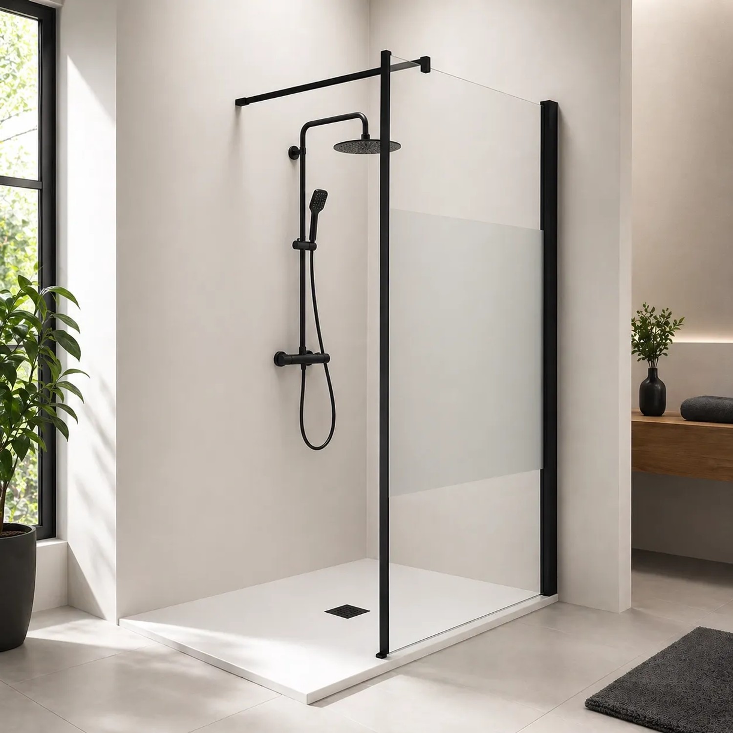 Onbath's Duschwand aus Glas 80x195 cm  WalkIn, 6 mm Sicherheitsglas, Antikalk, Schwarz