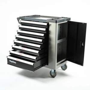 Mephisto Werkzeugwagen mit 8 Schubladen, Ringschlüssel-Set, Werkstattwagen mit offener Schublade und Tür.
