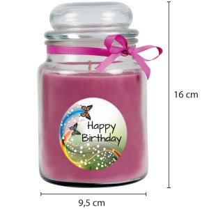 Duftkerze im Glas mit "Happy Birthday" Motiv und Lavendelduft, verziert mit rosa Schleife.