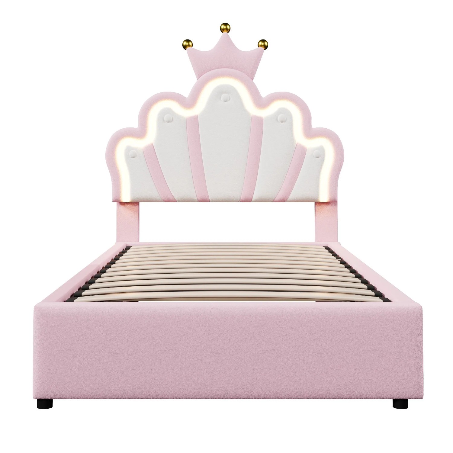 okwish Polsterbett 90x200cm mit LED Hydraulik Kronenform Kinderzimmer Rosa ohne Matratze