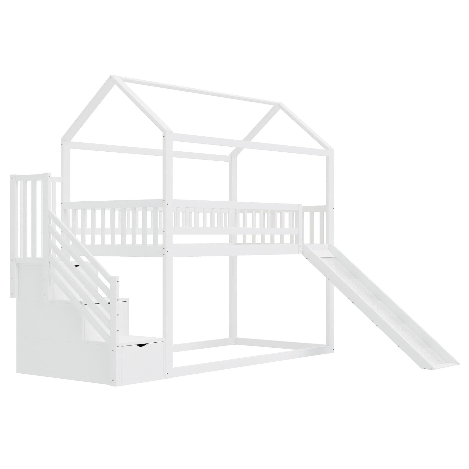 okwish Etagenbett 90x200cm mit Rutsche und Stauraumleiter Kinderzimmer Weiß ohne Matratze