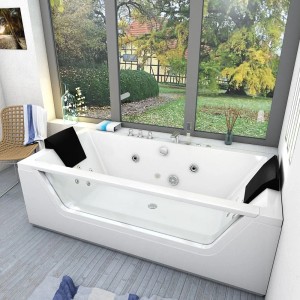 AcquaVapore Whirlpool W83-C (90x180) mit Massagedüsen und zwei schwarzen Kopfstützen vor Fenster.