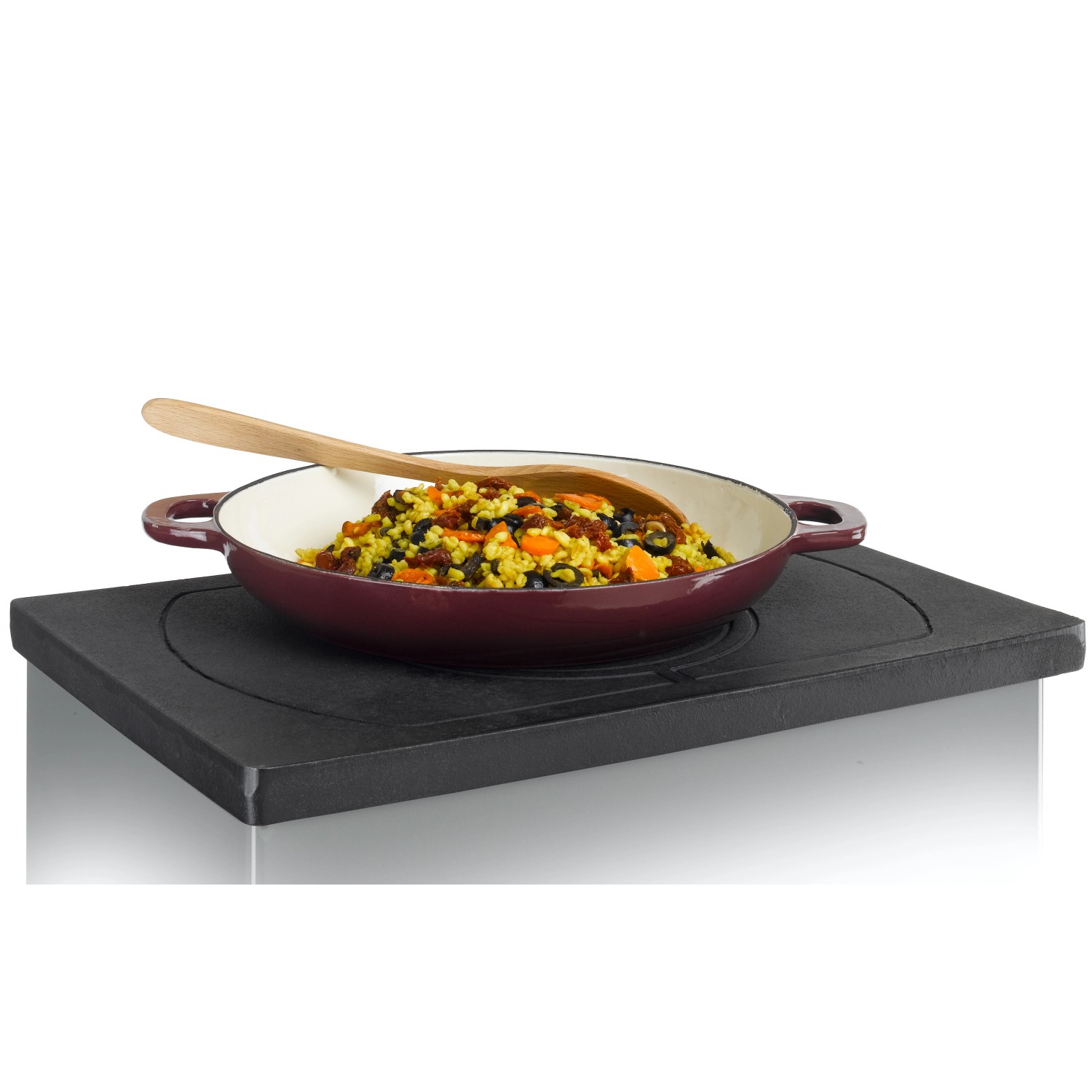 Wamsler Werkstattofen RH8-F D/A Speckstein 8 kW mit Speise in roter Pfanne.