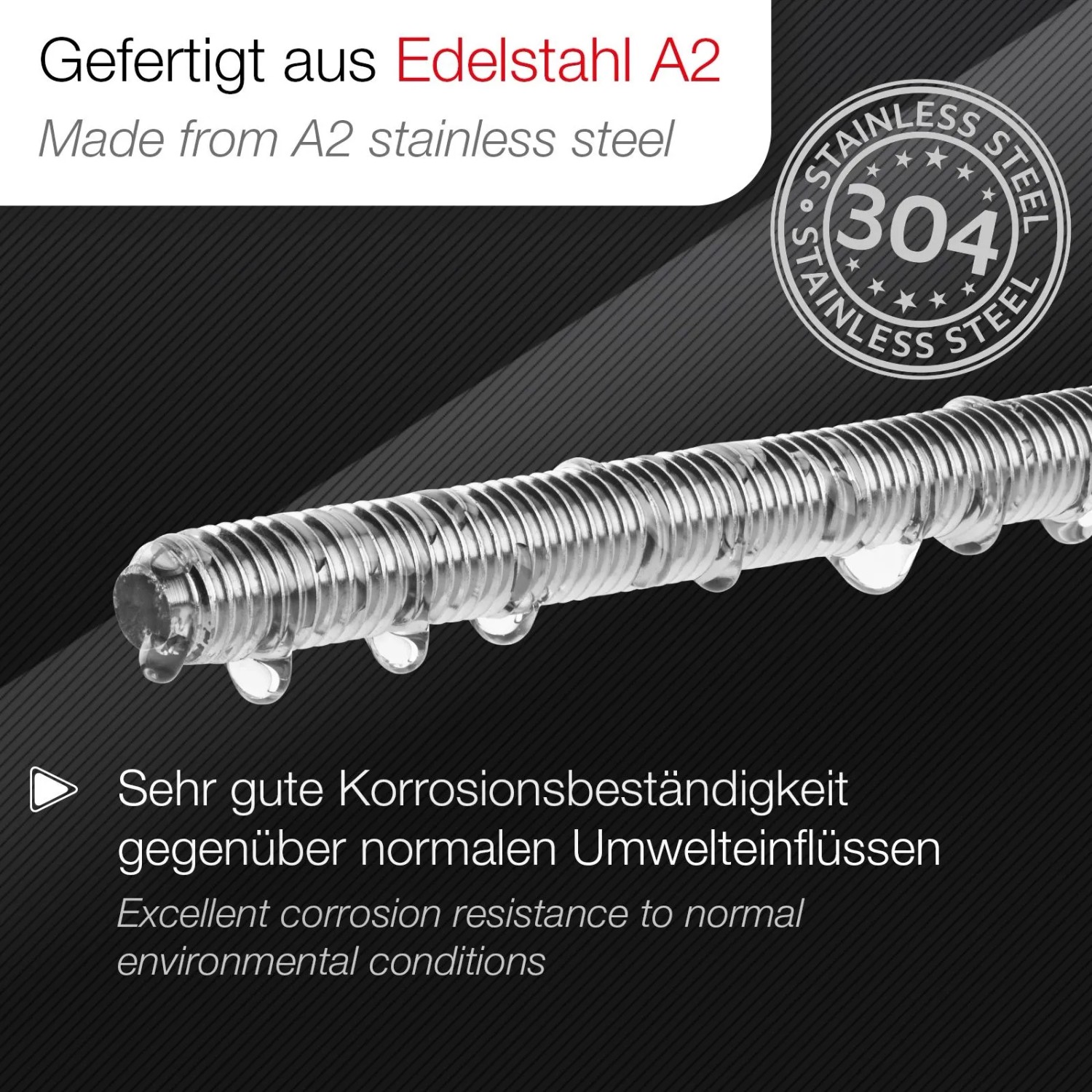 SOTECH Gewindestange M8 aus Edelstahl A2 mit Vollgewinde, glänzend und korrosionsbeständig, mit Wassertropfen.