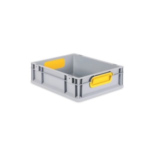 Graue Eurobox mit gelben Griffen, 11 Liter, für Lagerung und Transport.