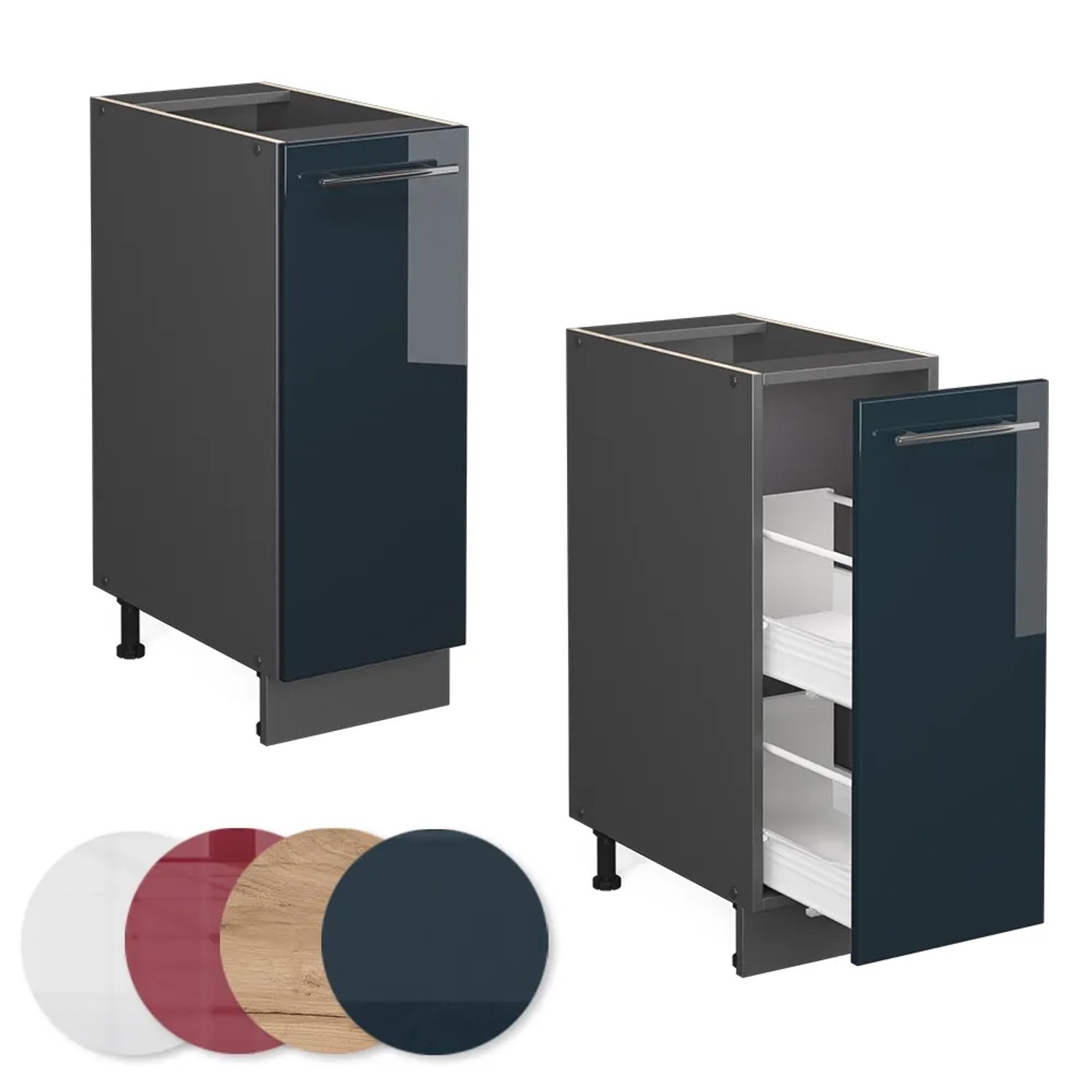 Vicco Apothekerunterschrank Fame-Line, dunkelblau hochglanz, 30 cm breit. Küchenschrank mit Auszügen.