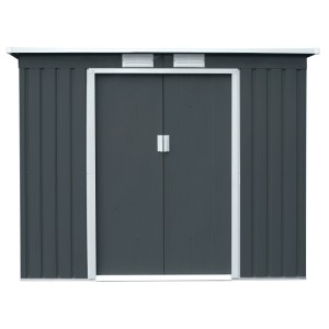 Hattoro P100 Gerätehaus aus Metall, dunkelgrau, mit Pultdach und Schiebetüren.