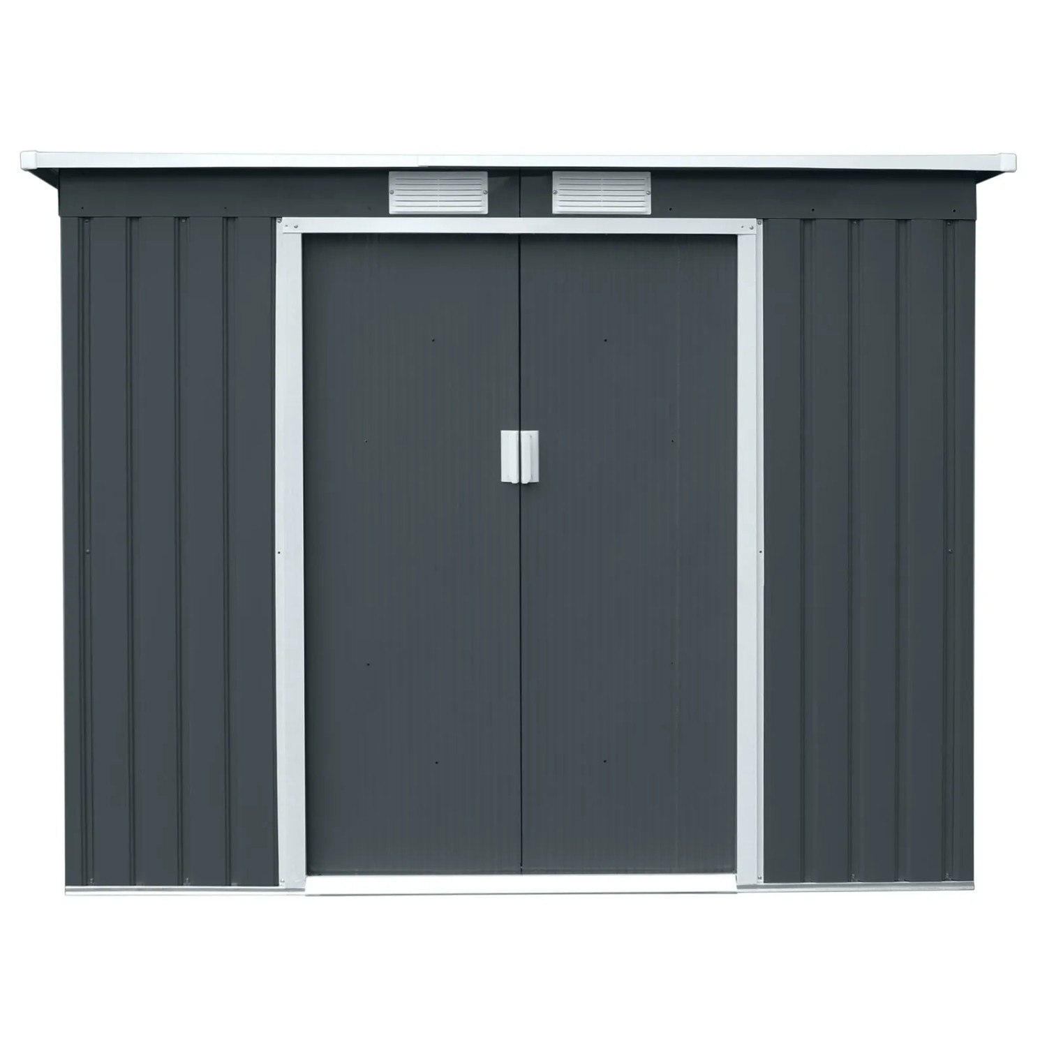 Hattoro P100 Gerätehaus aus Metall, dunkelgrau, mit Pultdach und Schiebetüren.