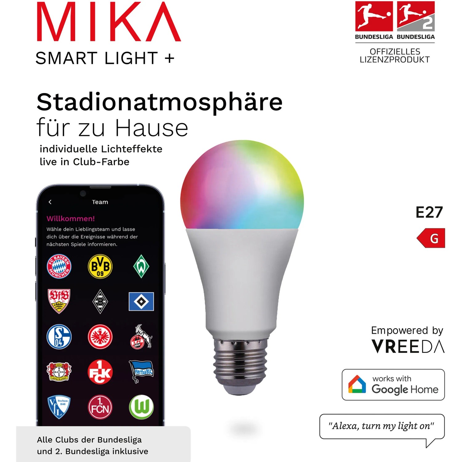 Just Light Smart Light Mika E27 LED-Lampe mit App-Steuerung für Stadionatmosphäre.