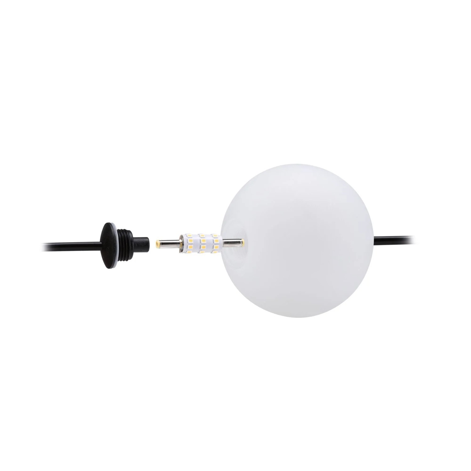 Paulmann Naima Plug & Shine LED-Lichterkette: Weiße Lichtkugel, LED-Leuchtmittel und schwarzes Kabel.
