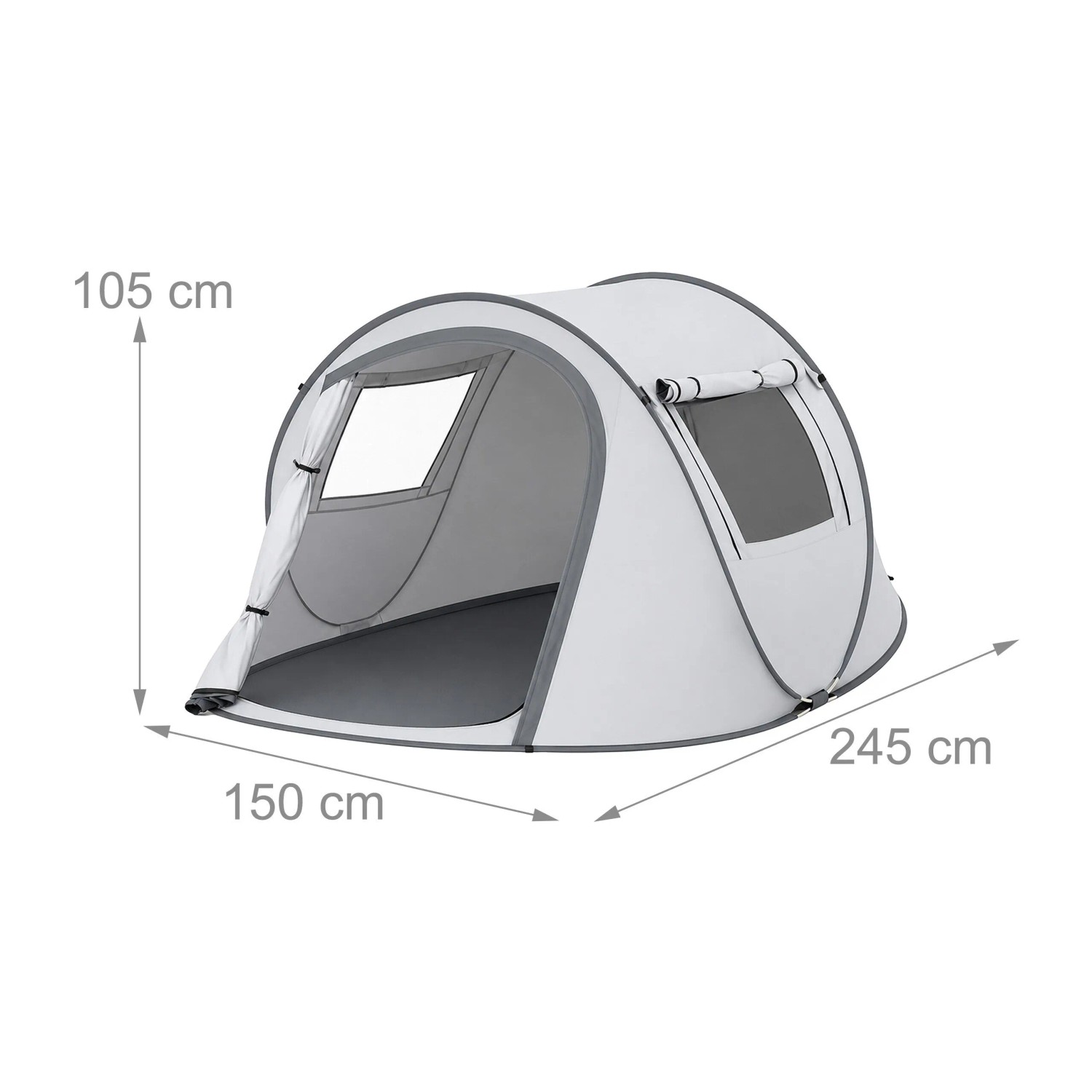 Hellgraues Pop-up Tunnelzelt mit dunklen Akzenten, UV-Schutz, 105x245x150 cm, für Camping & Strand.