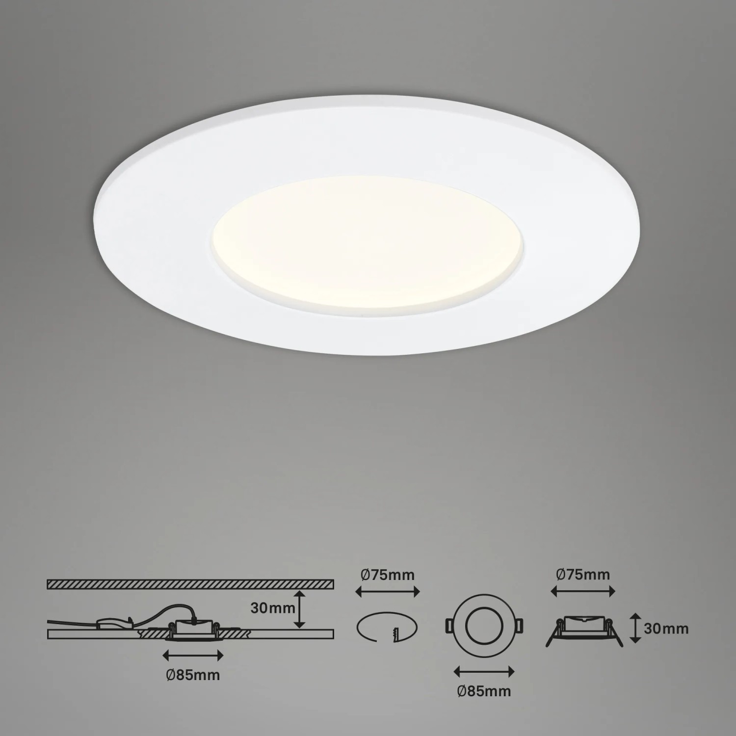 Weißes Briloner LED-Einbauleuchten 3er-Set, 8,5 cm Durchmesser, für Deckenmontage.