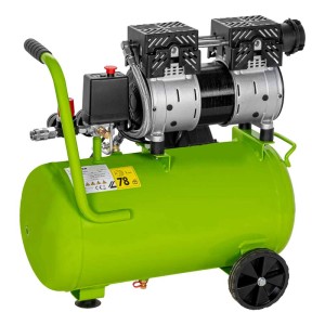 Grün-schwarzer Zipper Silent Kompressor ZI-COM24SI mit 24L Kessel, ölfreier Pumpe, Rädern und Griff.