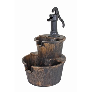 DELUKE Brunnen JOHANN in Holzoptik, bronzefarbener Kunststoff, 68 cm hoch, Gartendeko.