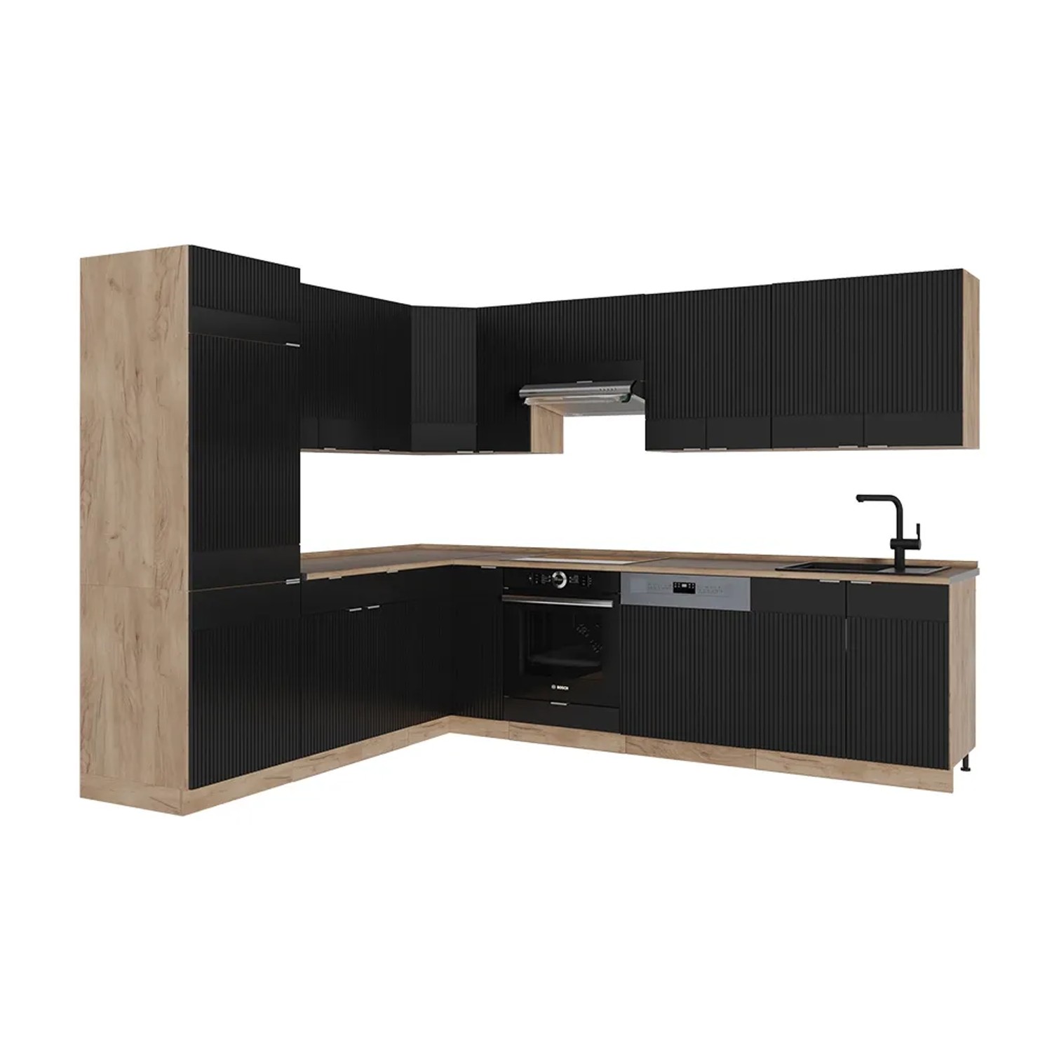 Vicco Fame-Line Eckküche Schwarz gestreift/Goldkraft Eiche 227 x 287 cm AP Eiche ohne E-Geräte