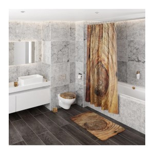 Badezimmer mit Sanilo Seifenspender, Duschvorhang und Badematte im rustikalen Holzdesign.