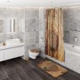 Badezimmer mit Sanilo Seifenspender, Duschvorhang und Badematte im rustikalen Holzdesign.