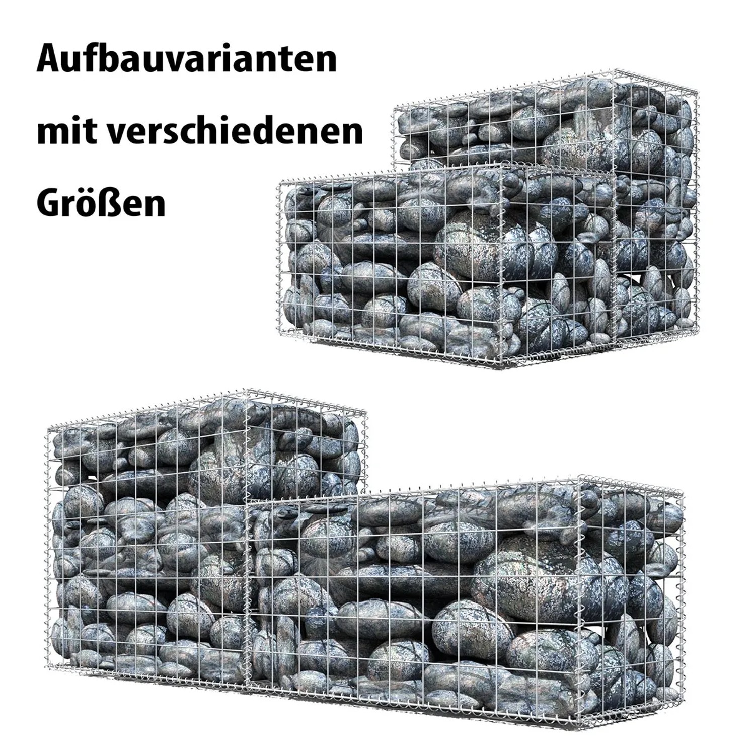 Niederberg Metall Gabione in verschiedenen Aufbauvarianten mit Steinen gefüllt.