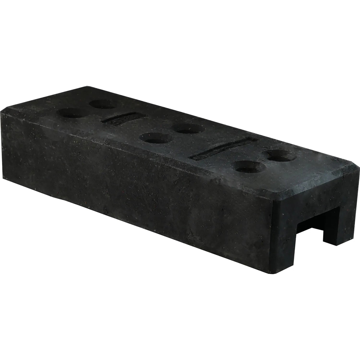 Schwarzer Bauzaunfuß aus robustem Kunststoff, 700 mm lang, mit sechs Löchern.