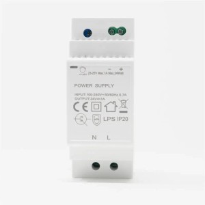 Weißer Transformator aus Kunststoff für DIN-Schiene, 24V DC, 24W. Mit Anschlüssen und Beschriftung.
