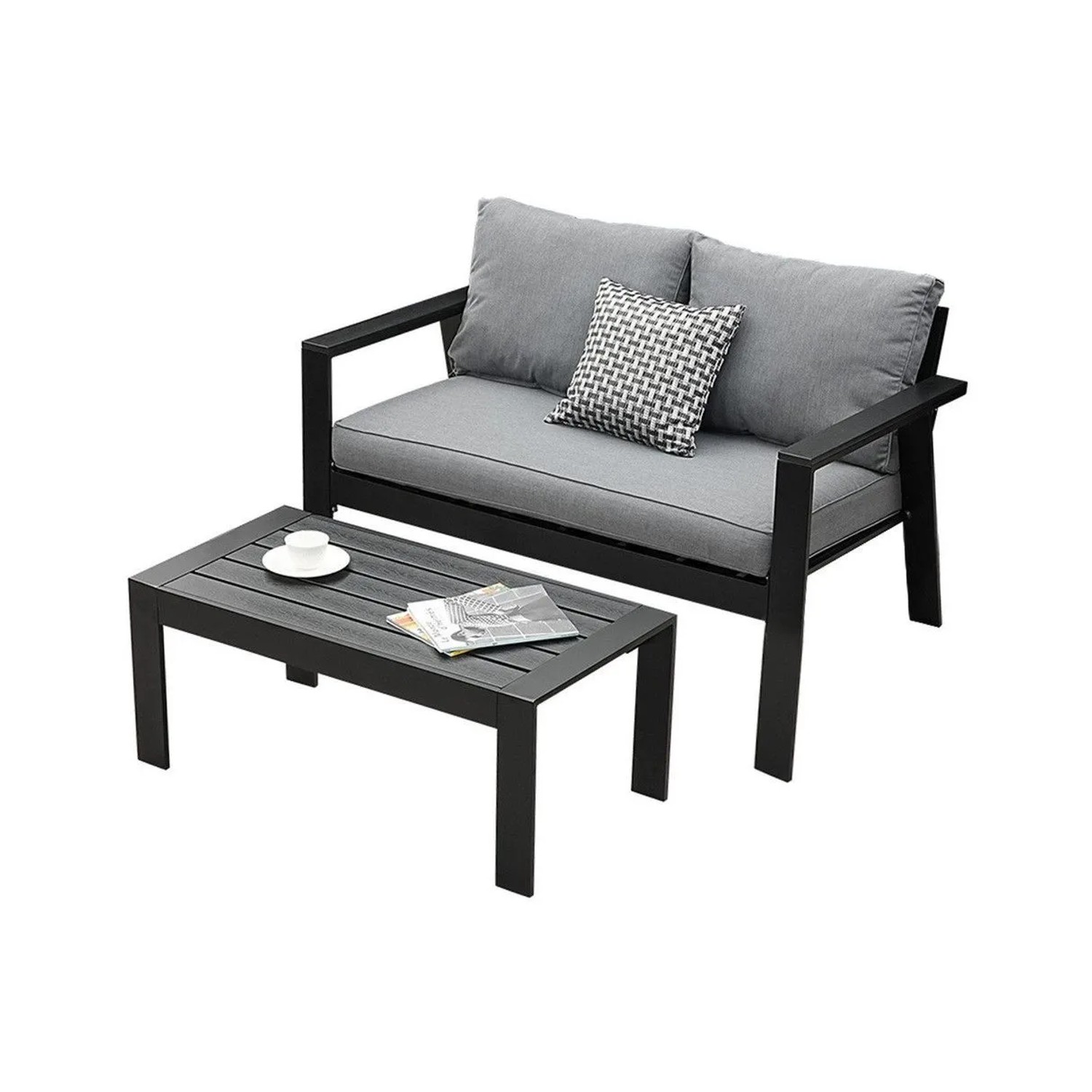 MeXo Hochlehner Gartenlounge Set Aluminium Balkonsofa 2 Sitzer Schwarz