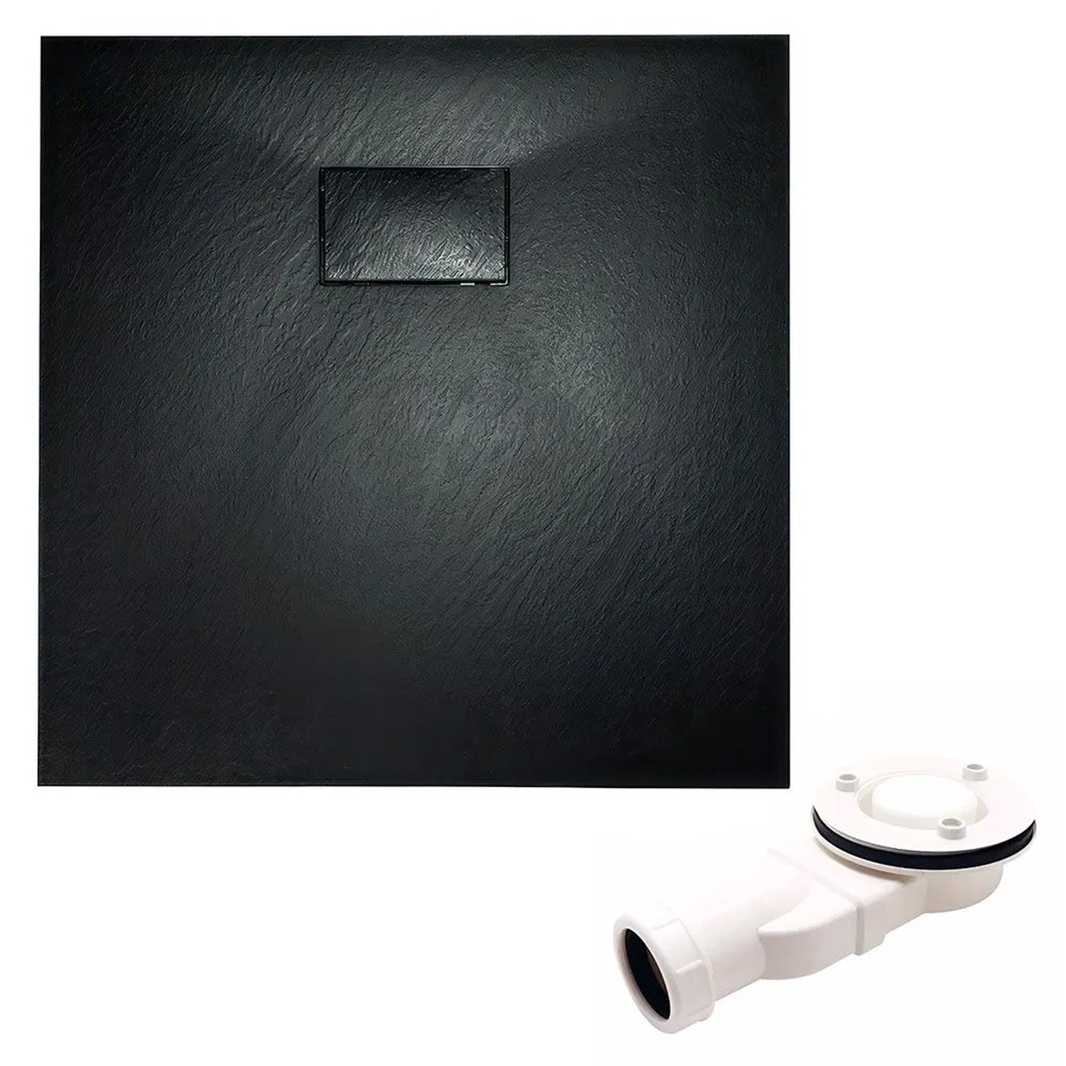 KOLMAN Duschwanne Quadratisch 90 x 90 x 3.2 Cm Verbundwerkstoff Schwarz Steinoptik Inkl. Ablaufgarnitur