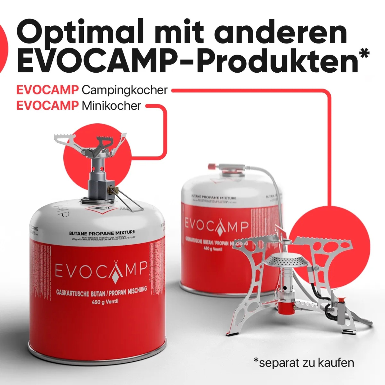 Evocamp Gaskartuschen 4er-Set mit Campingkocher und Minikocher (separat erhältlich).
